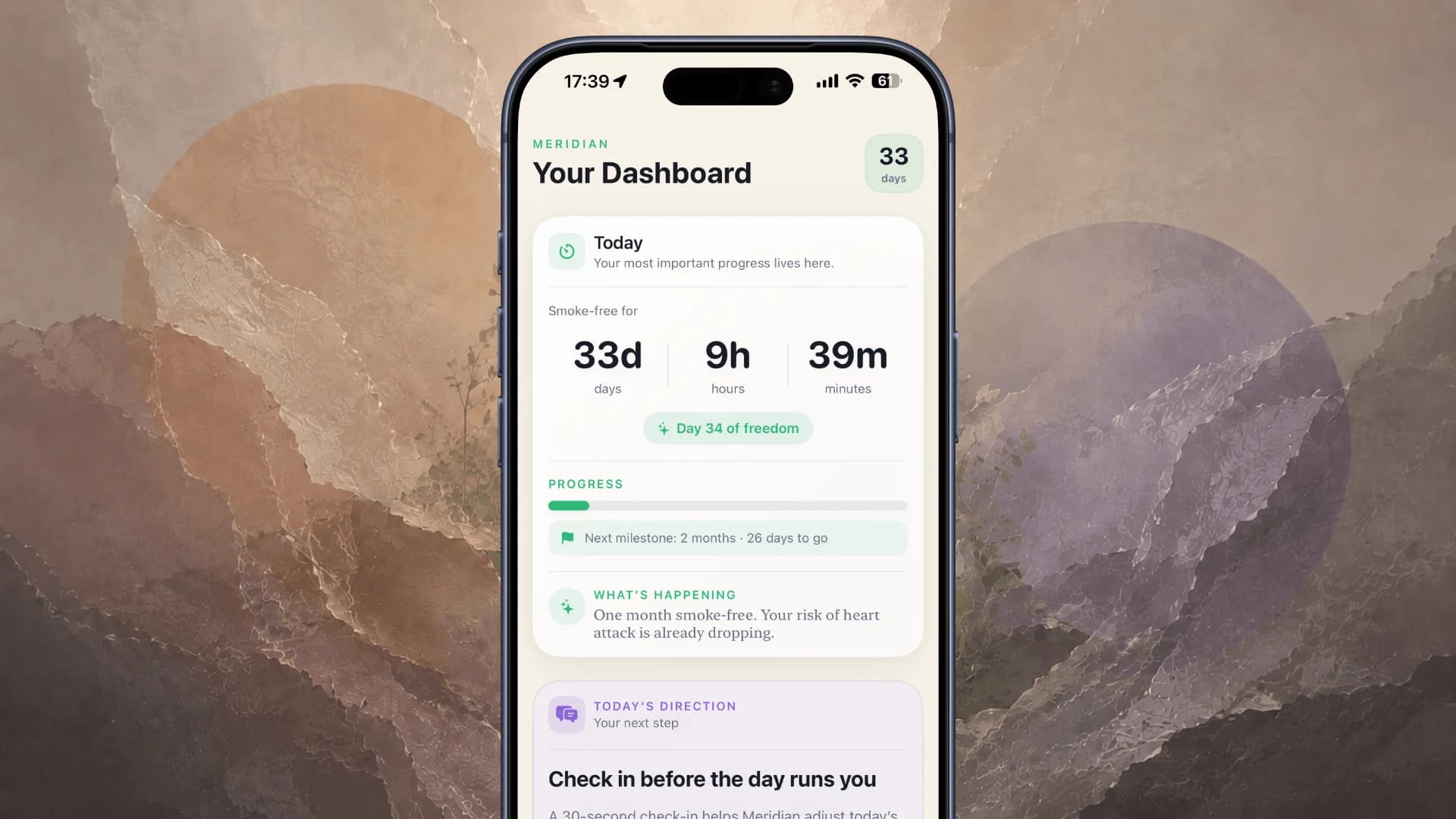 Meridian dashboard showing smoke-free time, daily progress, upcoming milestones, health improvements, and a personalised next step.