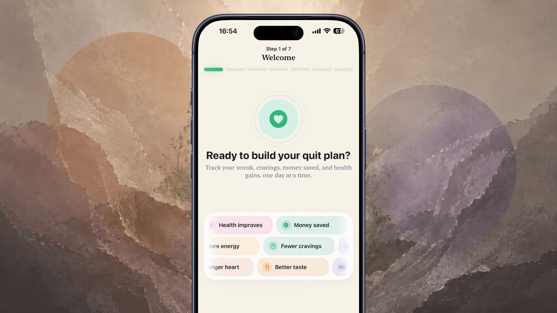 Meridian onboarding screen introducing a guided quit plan with progress tracking, health benefits, money saved, and craving support.