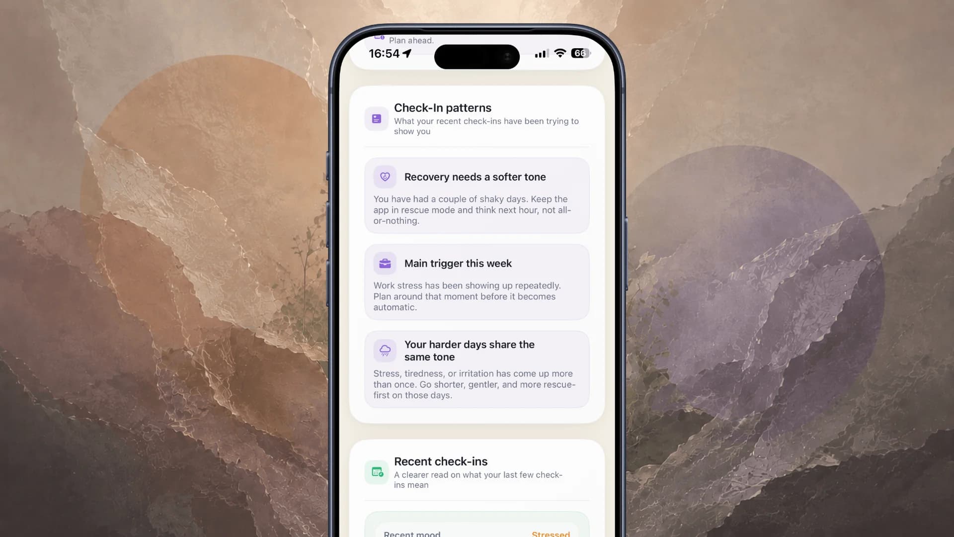 Meridian progress screen showing patterns detected across recent check-ins, including recurring stress, difficult days, and common triggers.