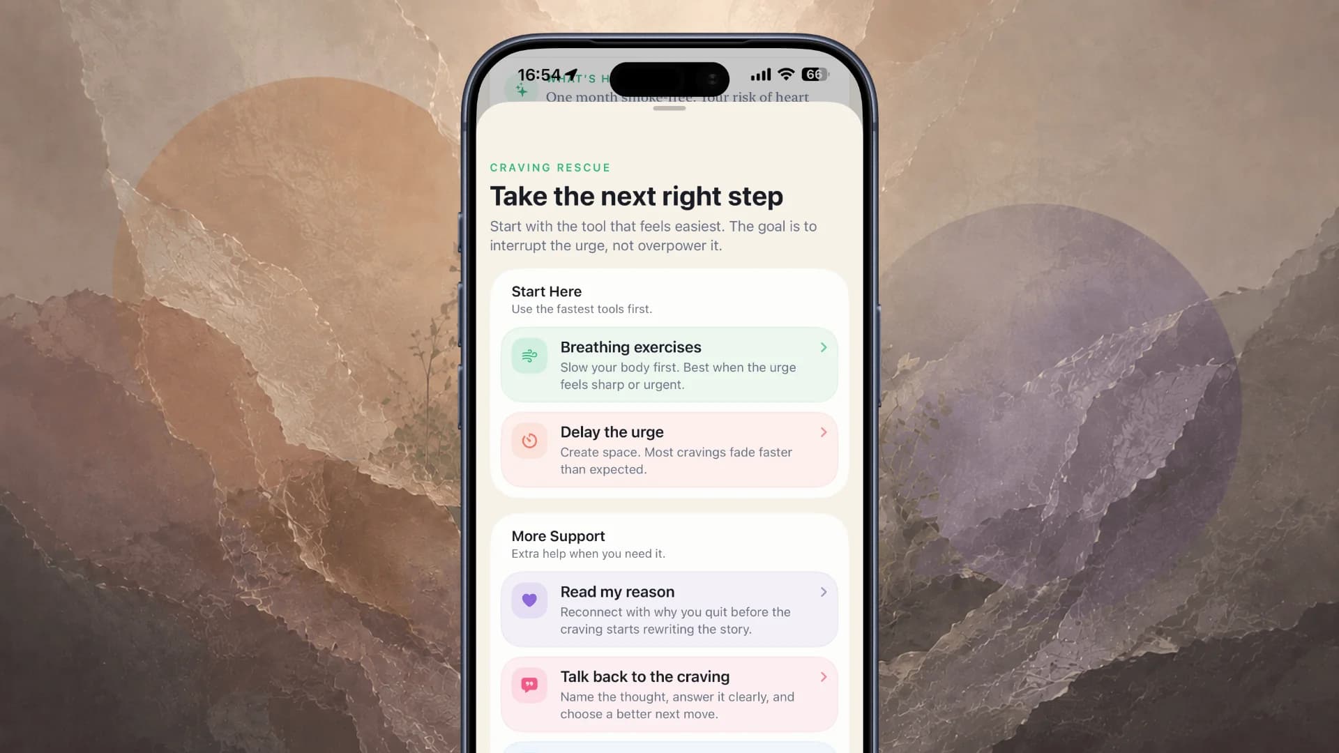 Meridian Craving Rescue screen offering breathing exercises, a delay timer, saved quit reasons, and guided responses to cravings.