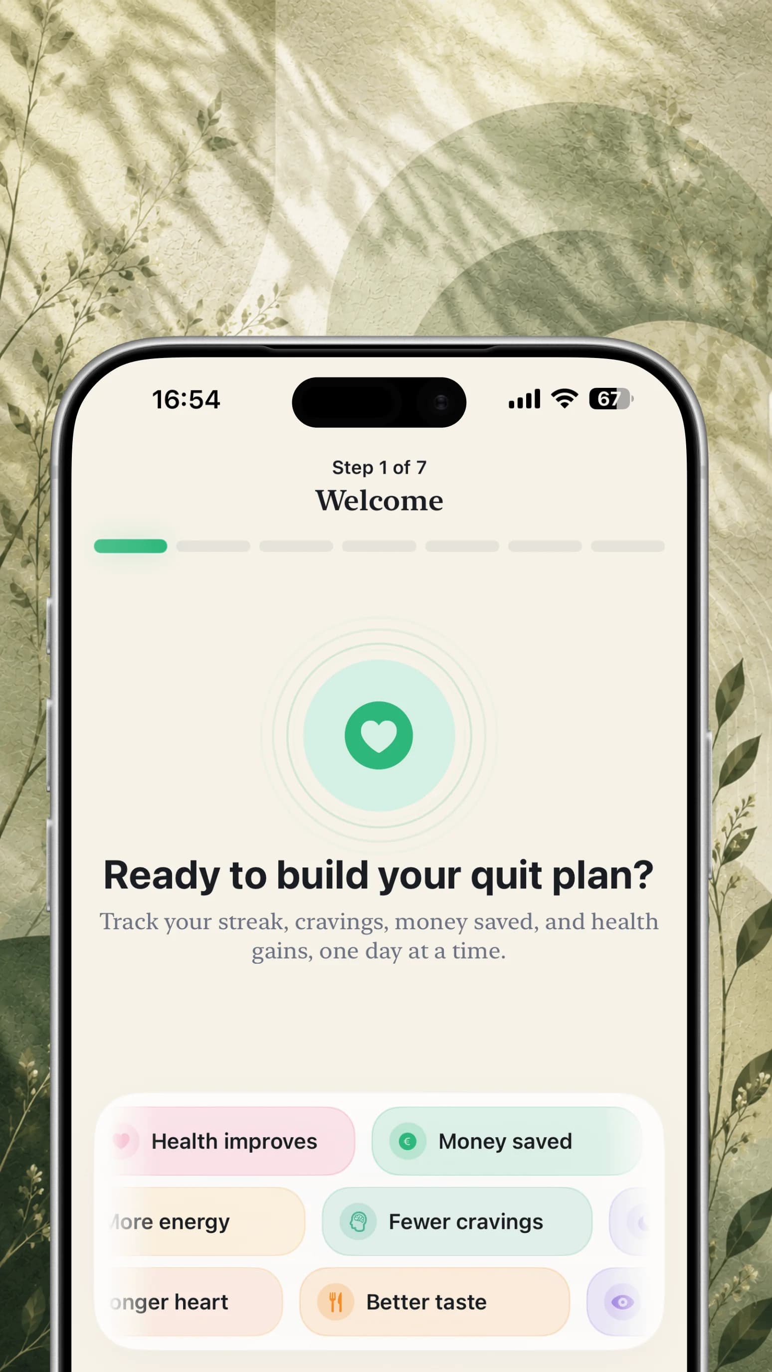 Meridian onboarding setup screen inside an iPhone over a warm textured background.