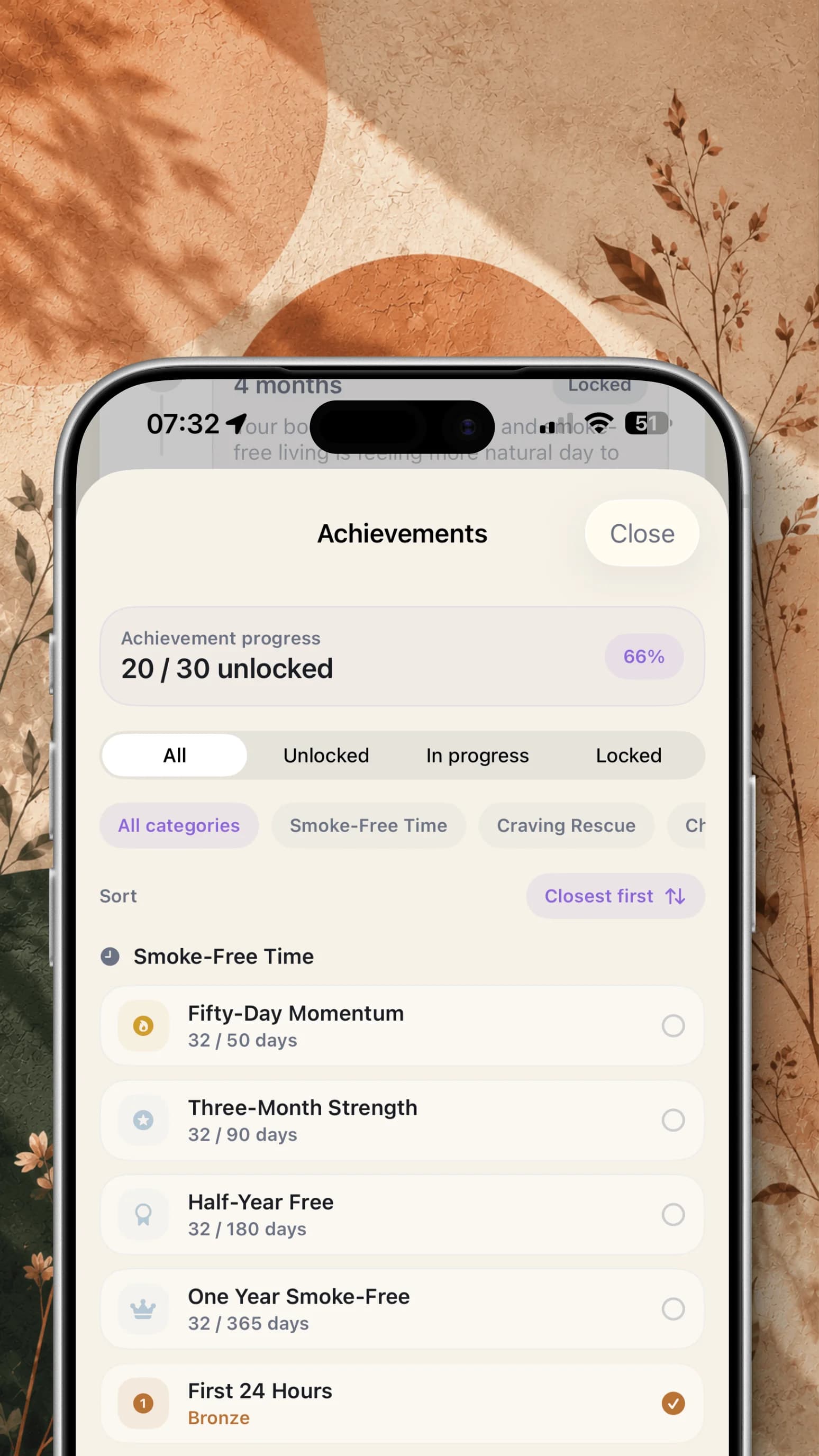 Meridian Achievements screen shown inside an iPhone over a warm textured background.