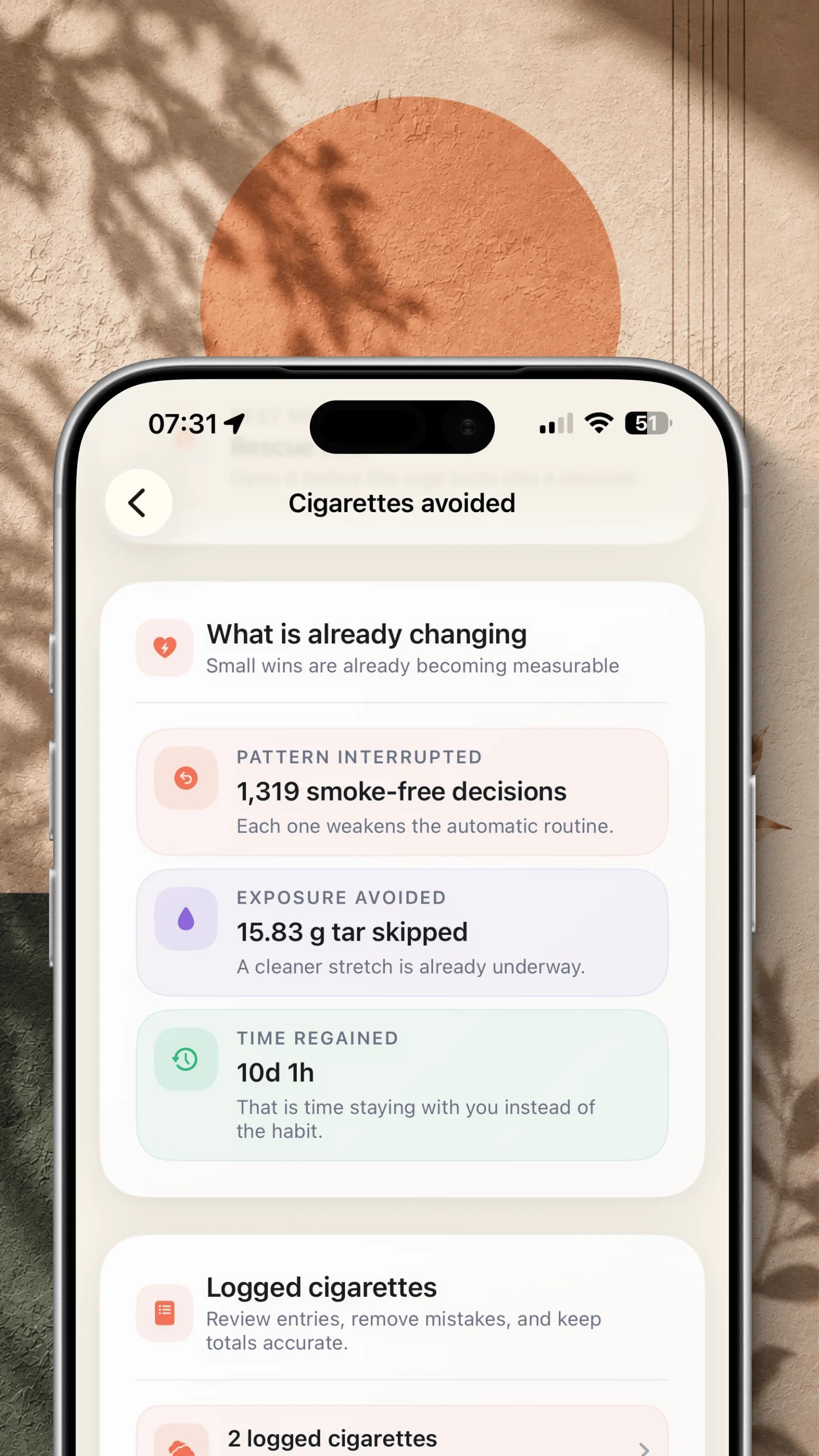 Meridian Cigarettes Avoided screen shown inside an iPhone over a warm textured background.