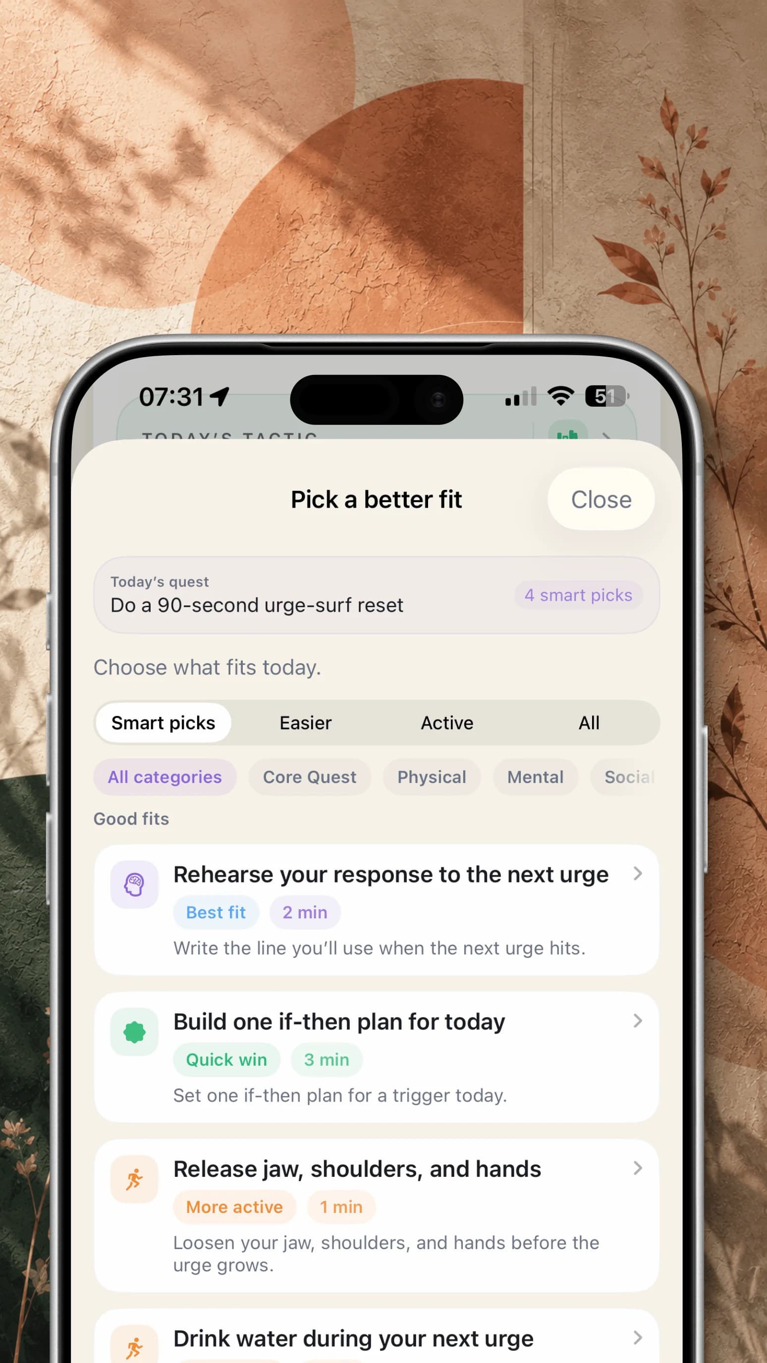 Meridian Daily Quests screen shown inside an iPhone over a warm textured background.
