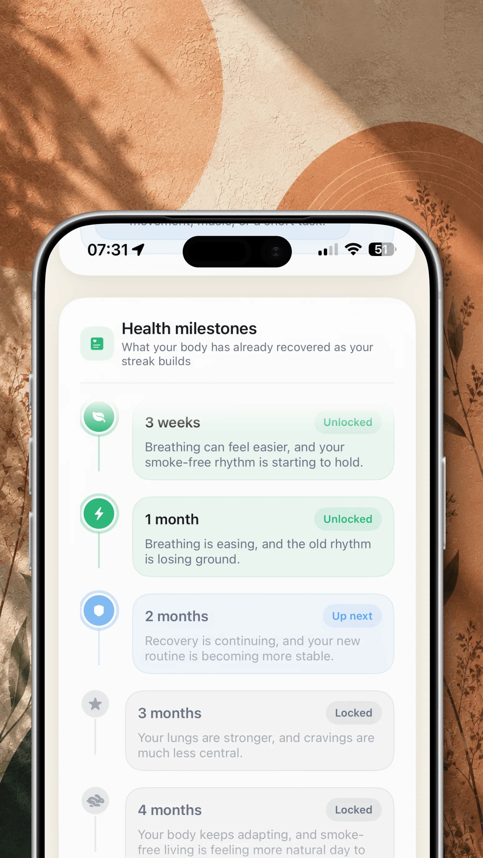 Meridian Health Milestones screen shown inside an iPhone over a warm textured background.