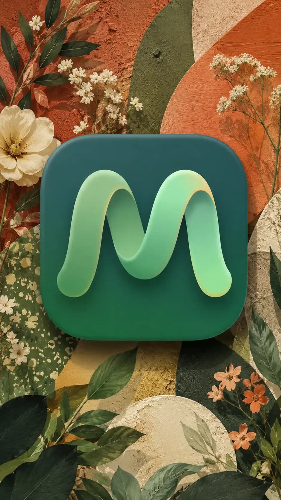 Meridian app icon surrounded by flowers, leaves, and textured botanical forms.